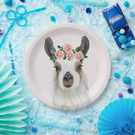 Leuke pluizige lama met Roos bloemkroon roze Papieren Bordje (Feest)