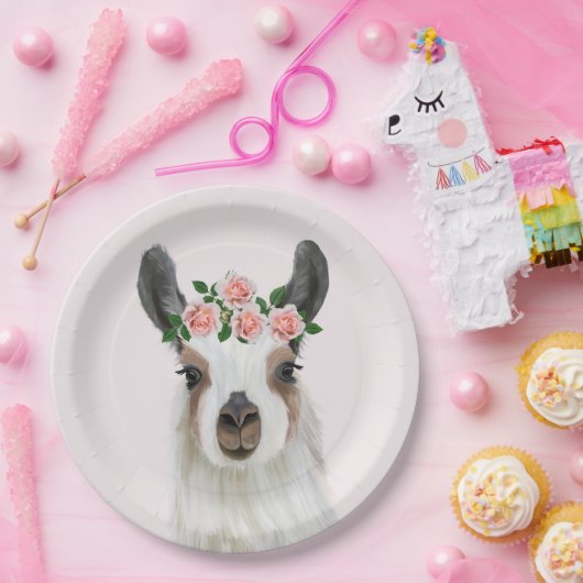 Leuke pluizige lama met Roos bloemkroon roze Papieren Bordje (Feest)