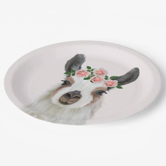 Leuke pluizige lama met Roos bloemkroon roze Papieren Bordje (Gekanteld)