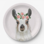 Leuke pluizige lama met Roos bloemkroon roze Papieren Bordje (Voorkant)