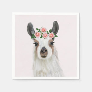 Leuke pluizige lama met Roos bloemkroon roze Servet