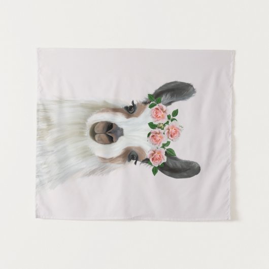 Leuke pluizige lama met Roos bloemkroon roze Wandkleed (Voorkant (horizontaal))