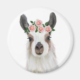 Leuke pluizige lama met Roos bloemkroon wit Magneet