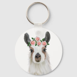 Leuke pluizige lama met Roos bloemkroon wit Sleutelhanger