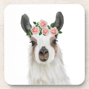 Leuke pluizige lama met Rozen bloemkroon Bier Onderzetter