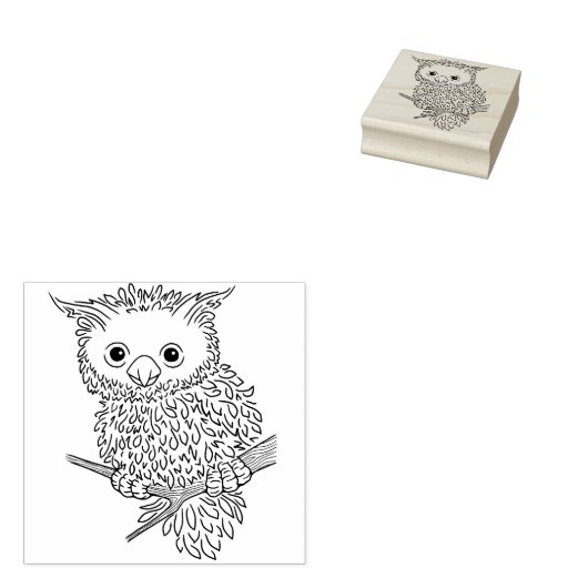 Leuke pluizige Uil op tak Rubber Stamp Rubberstempel (Gestempeld)