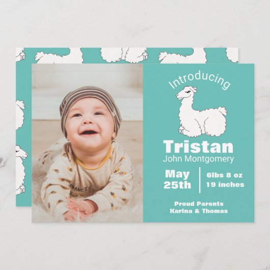 Leuke pluizige witte lama geboorte aankondiging (Voorkant / Achterkant)