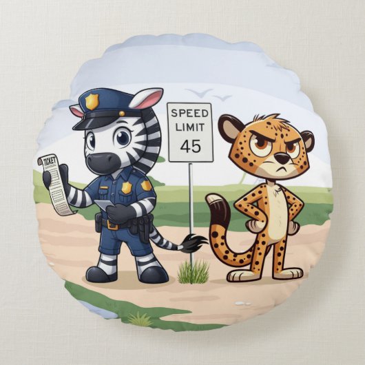 Leuke politie zebra & cheetah rond kussen (Voorkant)