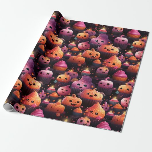 Leuke pompoen cupcake patroon kinder halloween cadeaupapier (Uitgerold)