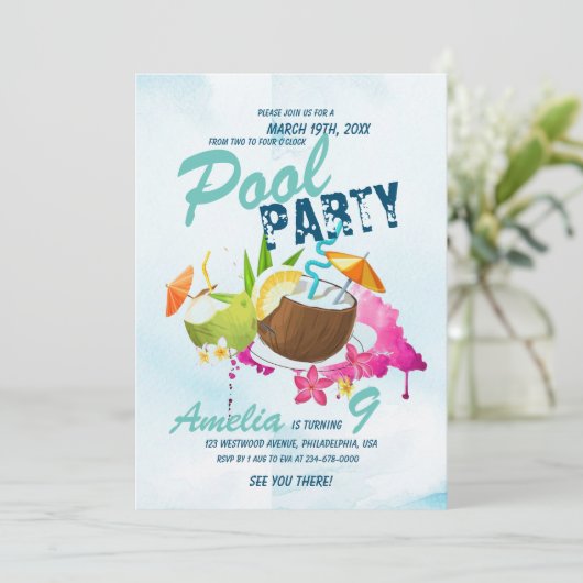 Leuke Poolparty Verjaardag Tropisch Feest Kaart (Staand voorkant)