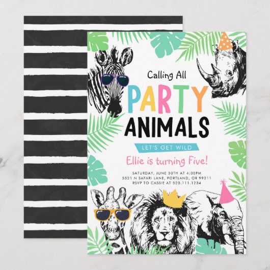 Leuke pretfeest Dieren Verjaardagsuitnodiging Kaart (Voorkant / Achterkant)