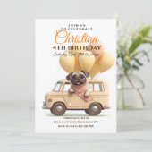 Leuke pug ballonnen vrachtwagen verjaardagsfeestje kaart (Staand voorkant)