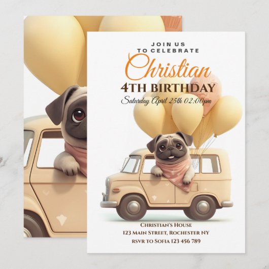 Leuke pug ballonnen vrachtwagen verjaardagsfeestje kaart (Voorkant / Achterkant)