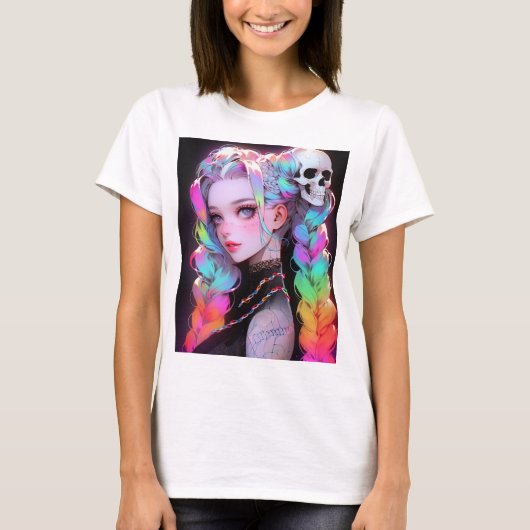 Leuke Punk Rock Skull Gothic Rainbow Braid Anime M T-shirt (Voorkant)