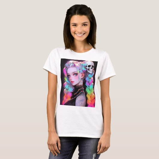 Leuke Punk Rock Skull Gothic Rainbow Braid Anime M T-shirt (Voorkant volledig)