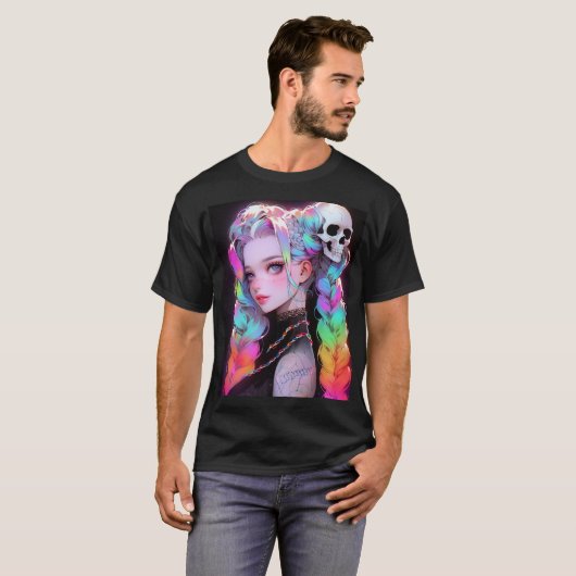 Leuke Punk Rock Skull Gothic Rainbow Braid Anime M T-shirt (Voorkant volledig)