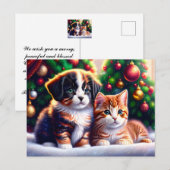 Leuke puppy en kat onder kerstboom briefkaart (Voorkant / Achterkant)