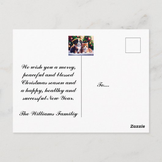 Leuke puppy en kat onder kerstboom briefkaart (Achterkant)