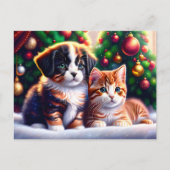 Leuke puppy en kat onder kerstboom briefkaart (Voorkant)