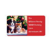 Leuke puppy en kat onder kerstboom etiket (Voorkant)