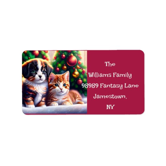 Leuke puppy en kat onder kerstboom etiket (Voorkant)