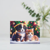 Leuke puppy en kat onder kerstboom feestdagenkaart (Staand voorkant)