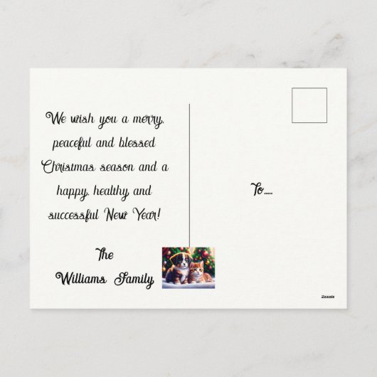 Leuke puppy en kat onder kerstboom feestdagenkaart (Achterkant)