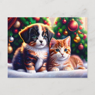 Leuke puppy en kat onder kerstboom feestdagenkaart