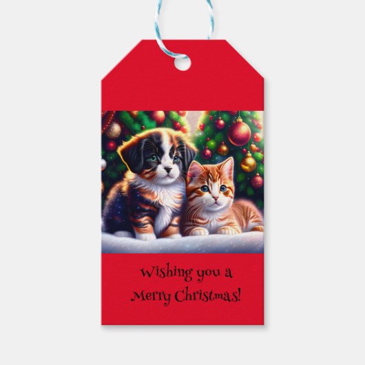 Leuke puppy en kat onder Kerstboom gewoonte Cadeaulabel (Voorkant)