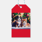 Leuke puppy en kat onder Kerstboom gewoonte Cadeaulabel (Achterkant)