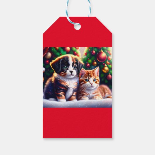 Leuke puppy en kat onder Kerstboom gewoonte Cadeaulabel (Achterkant)
