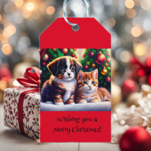 Leuke puppy en kat onder Kerstboom gewoonte