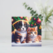 Leuke puppy en kat onder kerstboom kaart (Staand voorkant)