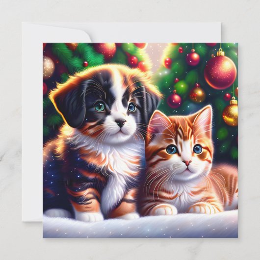 Leuke puppy en kat onder kerstboom kaart (Voorkant)