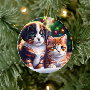 Leuke puppy en kat onder kerstboom keramisch ornament