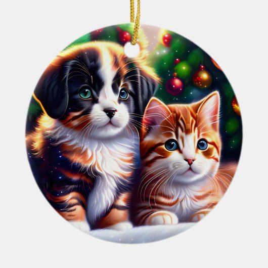 Leuke puppy en kat onder kerstboom keramisch ornament (Voorkant)