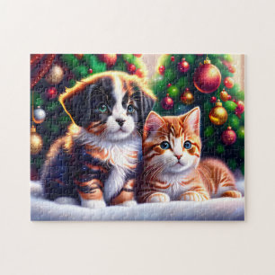 Leuke puppy en kat onder kerstboom legpuzzel