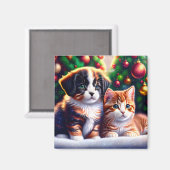 Leuke puppy en kat onder kerstboom magneet (Voorkant / Achterkant)