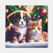 Leuke puppy en kat onder kerstboom magneet (Voorkant)