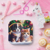 Leuke puppy en kat onder kerstboom papieren bordje (Feest)