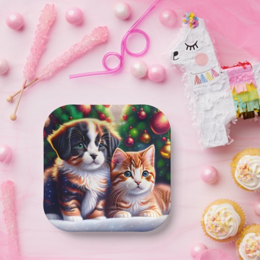 Leuke puppy en kat onder kerstboom papieren bordje (Feest)