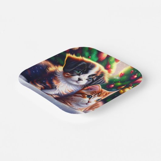 Leuke puppy en kat onder kerstboom papieren bordje (Gebogen)