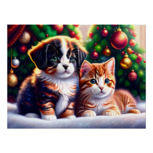 Leuke puppy en kat onder kerstboom perfect poster