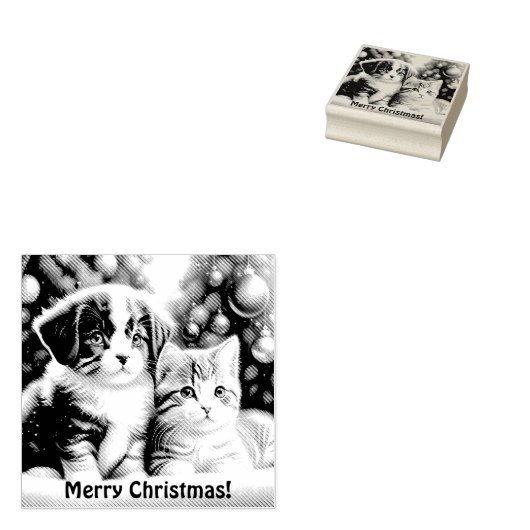 Leuke puppy en kat onder kerstboom rubberstempel (Gestempeld)
