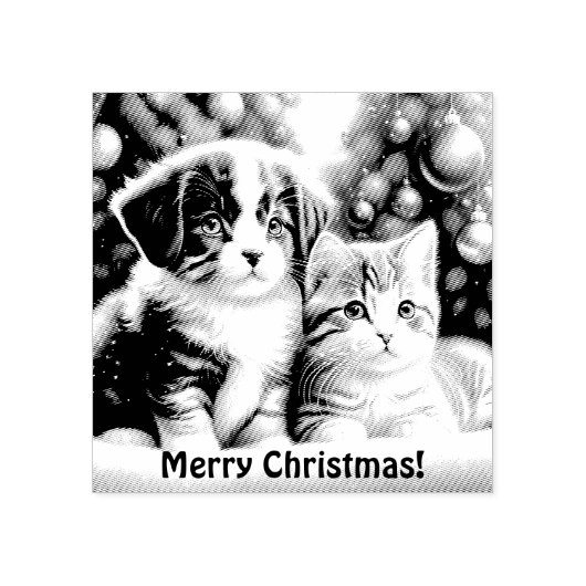 Leuke puppy en kat onder kerstboom rubberstempel (Afrduk)