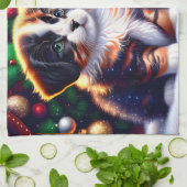 Leuke puppy en kat onder kerstboom theedoek (Gevouwen)