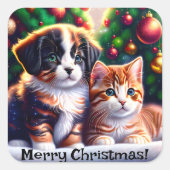 Leuke puppy en kat onder kerstboom vierkante sticker (Voorkant)