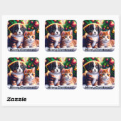 Leuke puppy en kat onder kerstboom vierkante sticker (Vel)