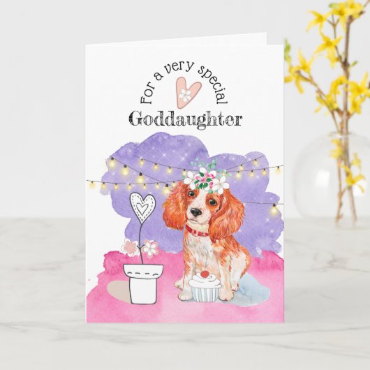 Leuke Puppy Hond Cupcake String Lichten Goddochter Kaart (Gele Bloem)