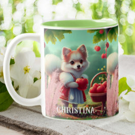 Leuke puppy hond met appels gepersonaliseerde naam tweekleurige koffiemok